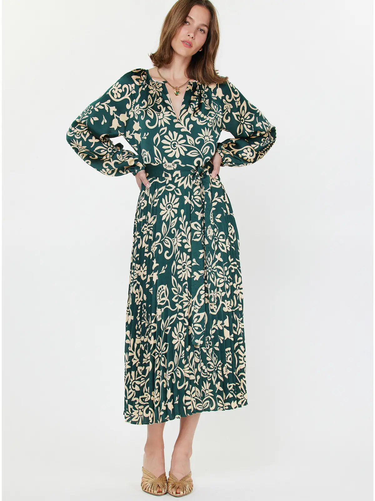 Printed Pleated Dress Teal Floral