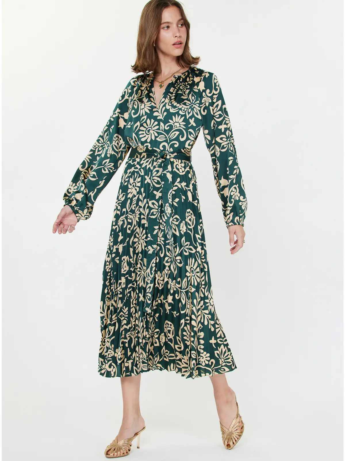 Printed Pleated Dress Teal Floral - Image 2