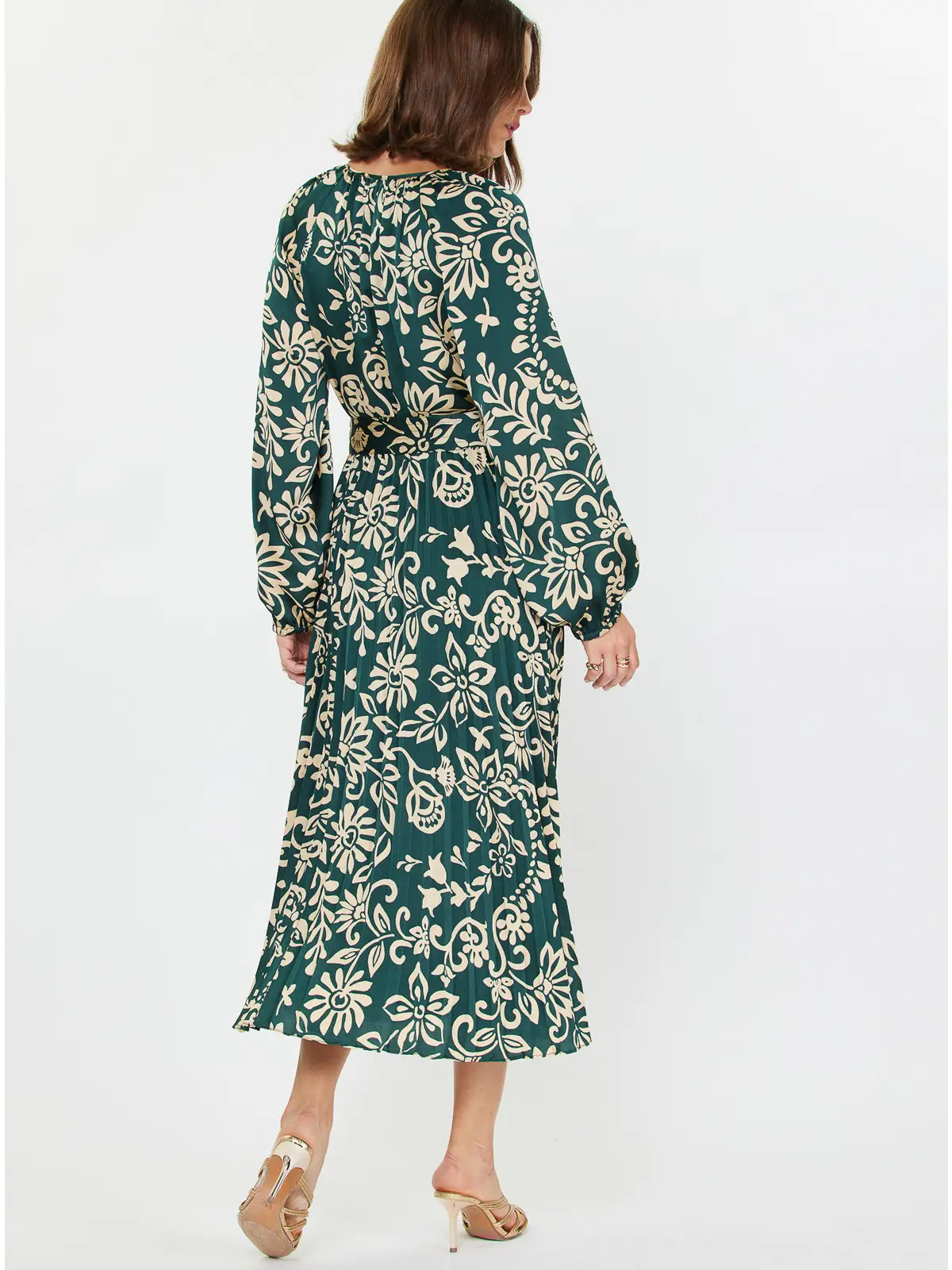 Printed Pleated Dress Teal Floral - Image 3