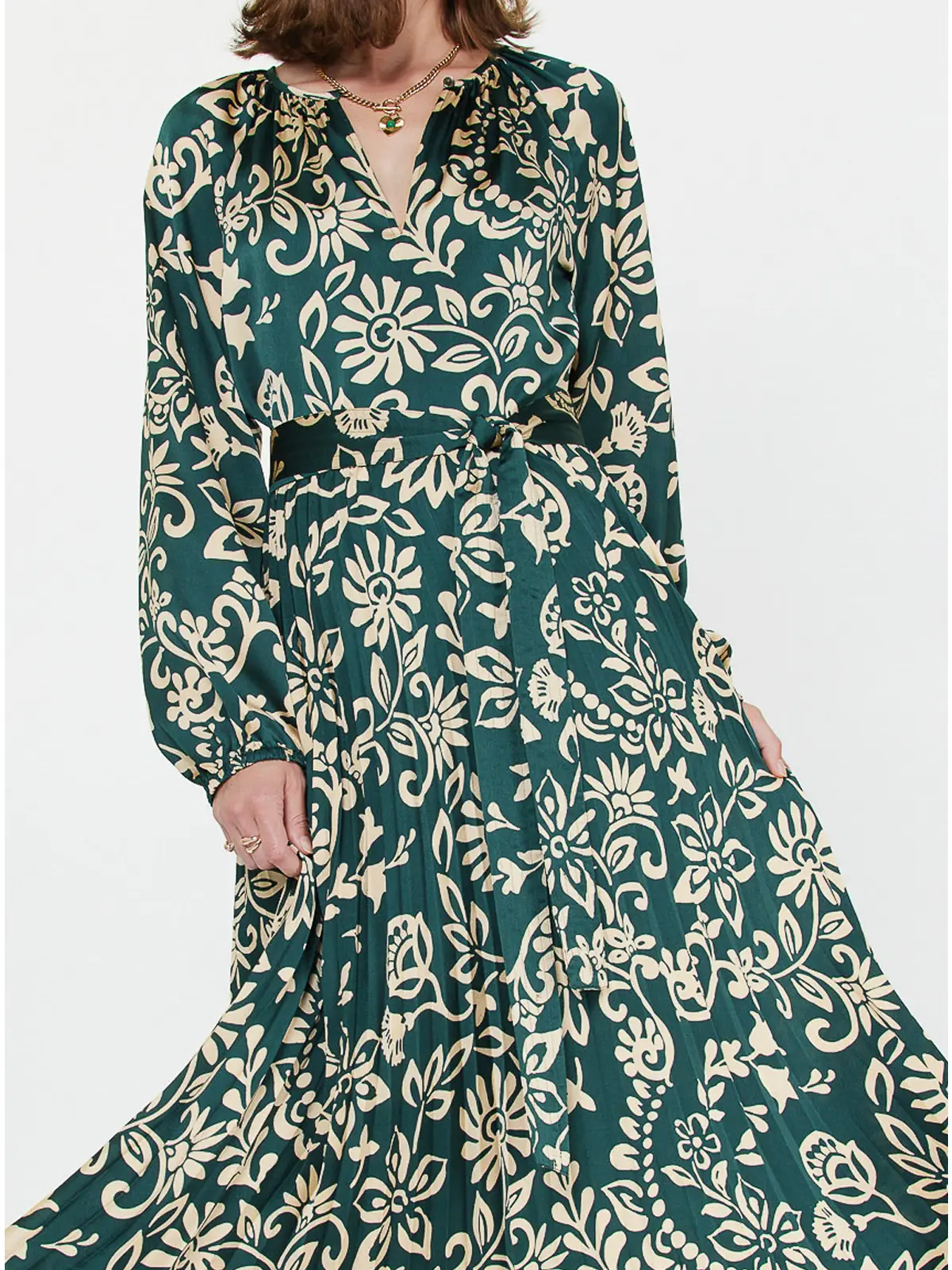 Printed Pleated Dress Teal Floral - Image 4
