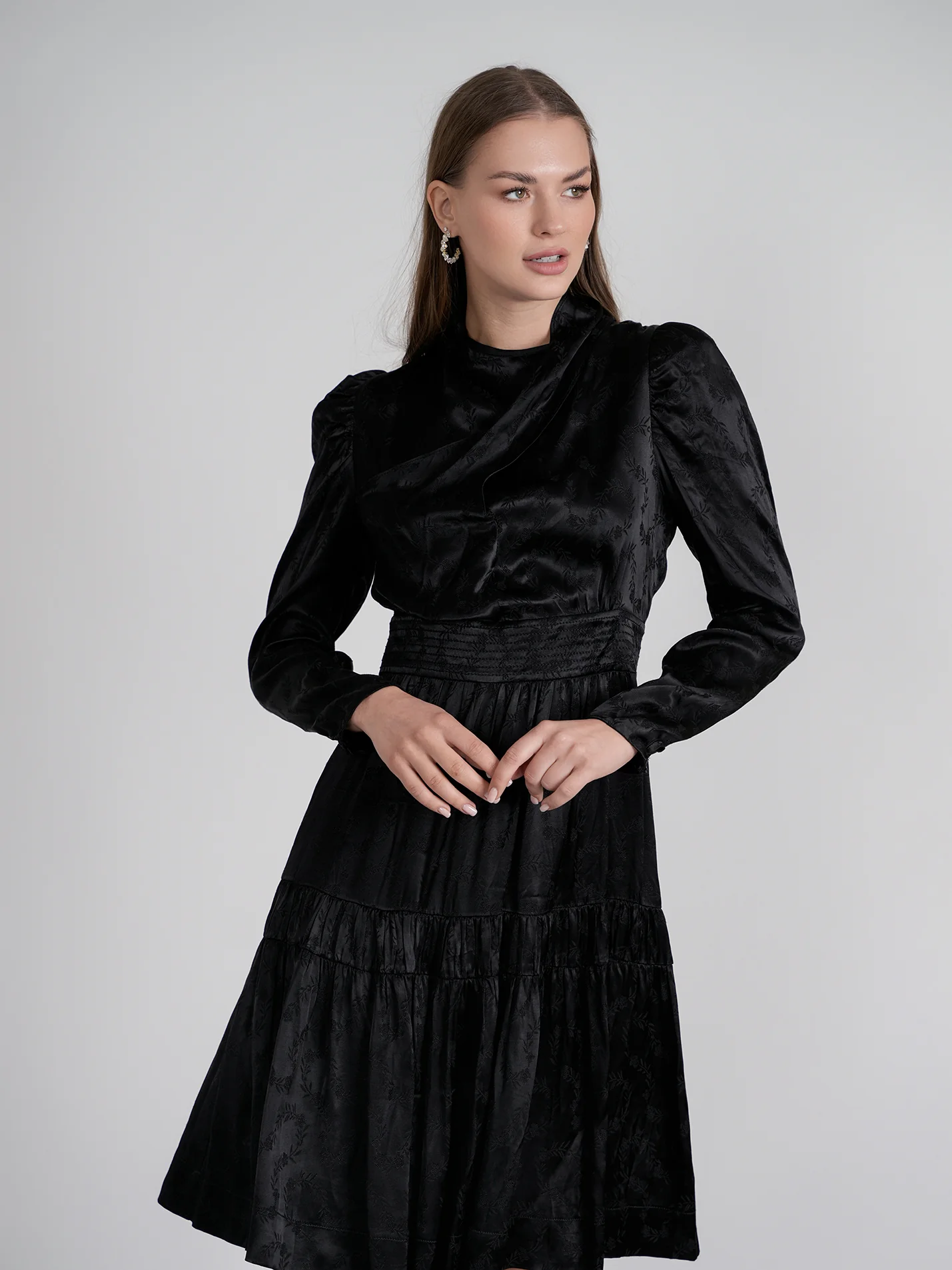 Rose Gold Satin Drape Dress Black - Image 14