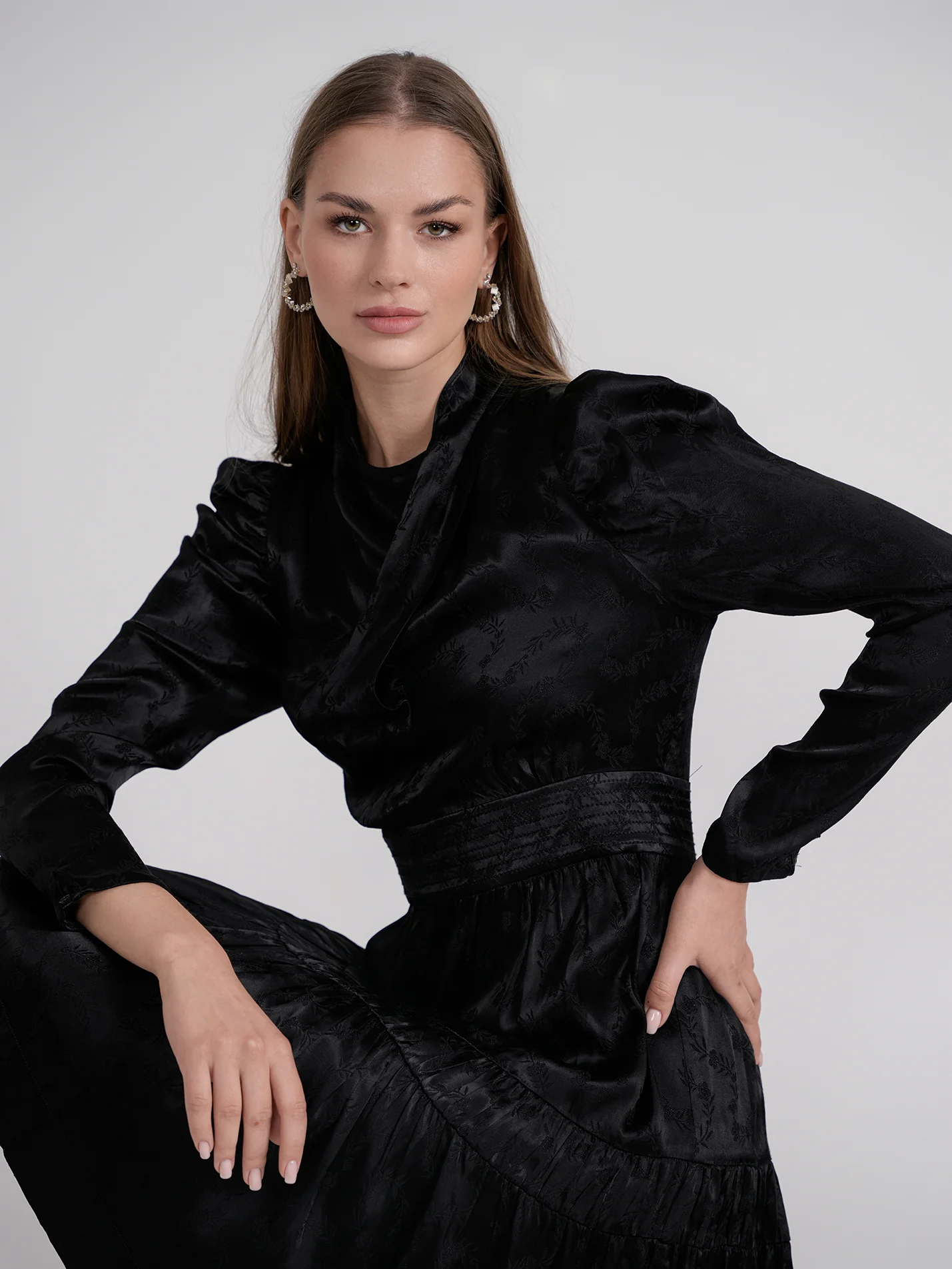 Rose Gold Satin Drape Dress Black - Image 7