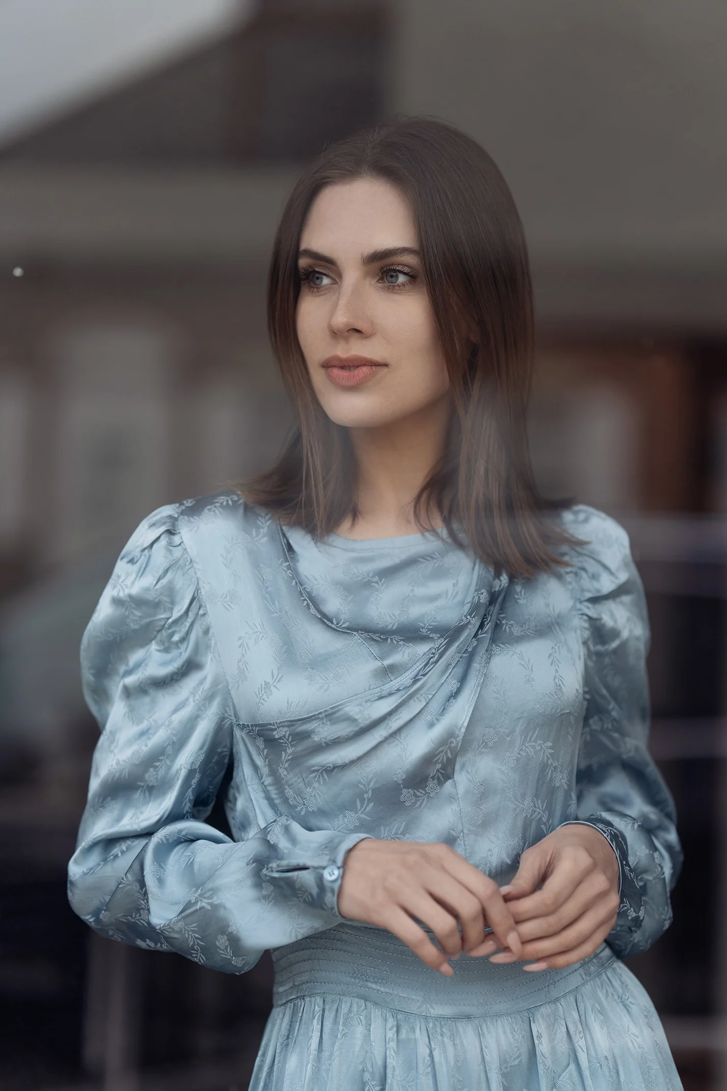 Rose Gold Satin Drape Dress Slate Blue - Image 3