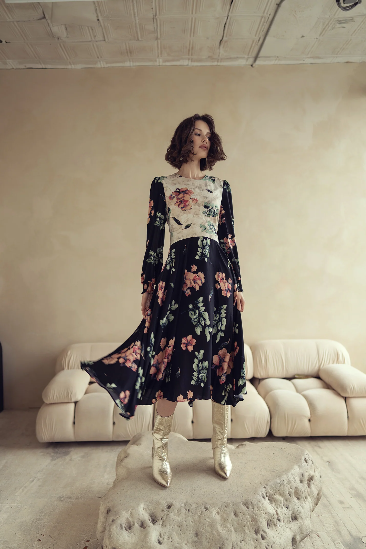 Rose Gold Waisted Floral Dress - Image 2