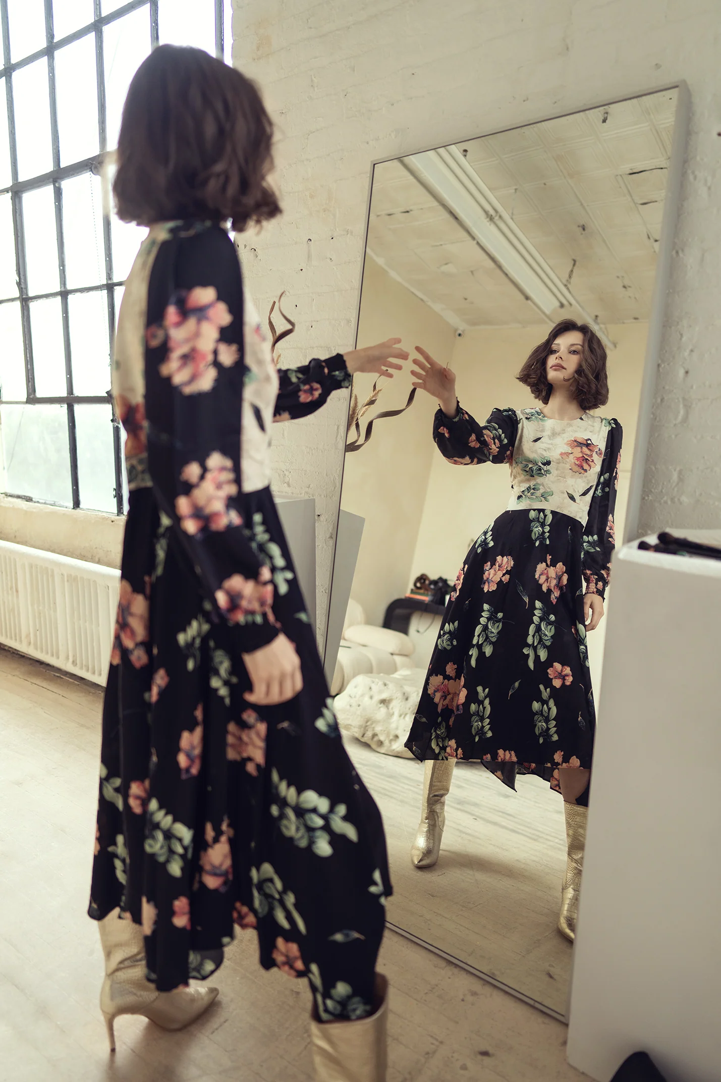 Rose Gold Waisted Floral Dress - Image 3