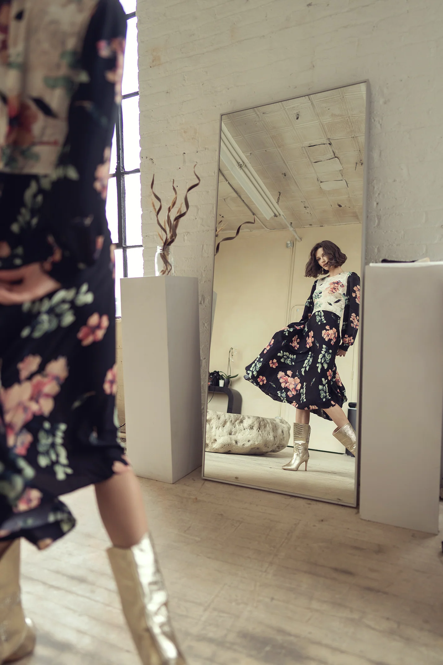 Rose Gold Waisted Floral Dress - Image 4