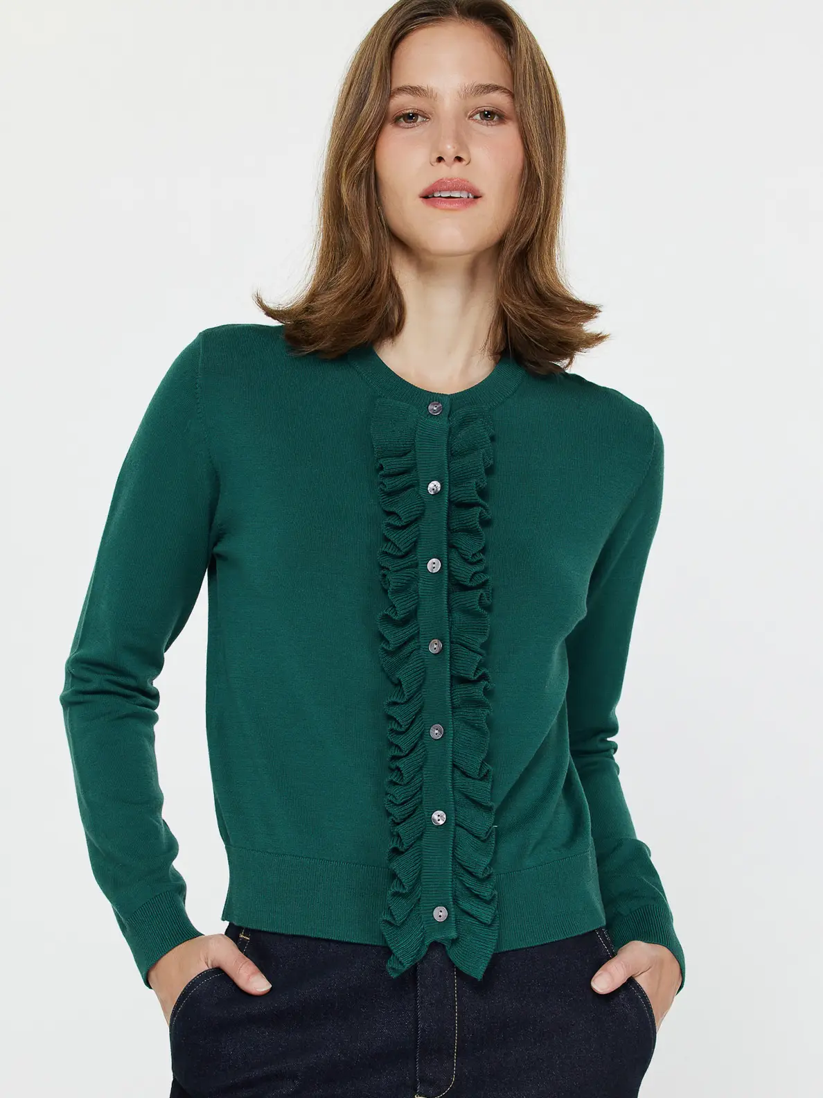 Ruffle Front Long Sleeve Cardigan