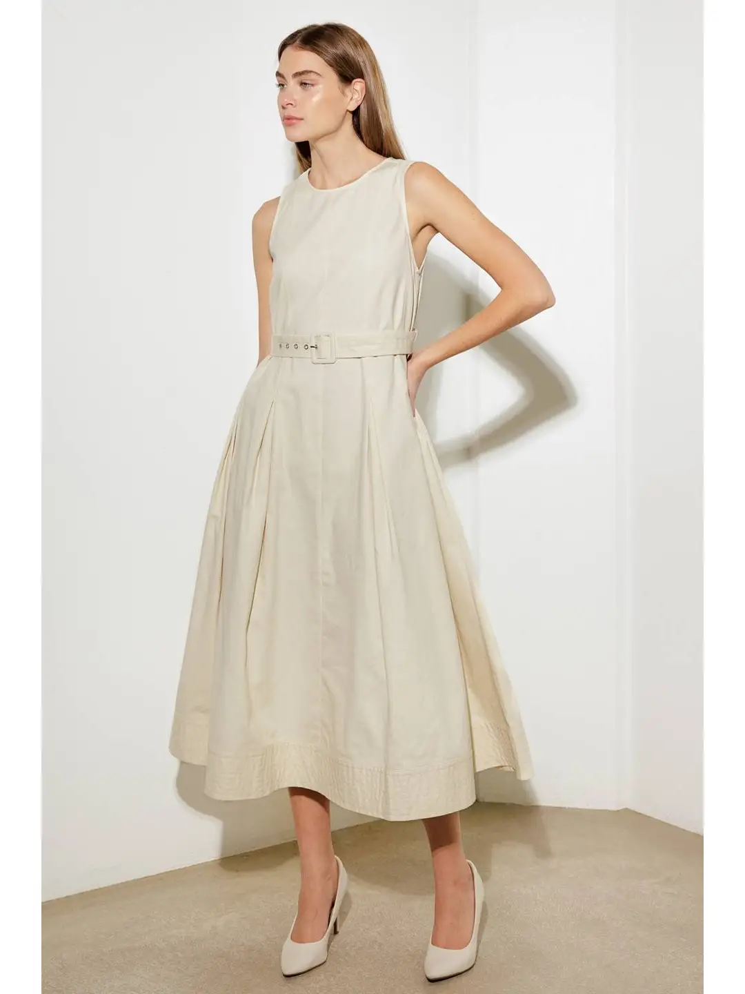 Solid Woven Midi Dress Ecru - Image 3