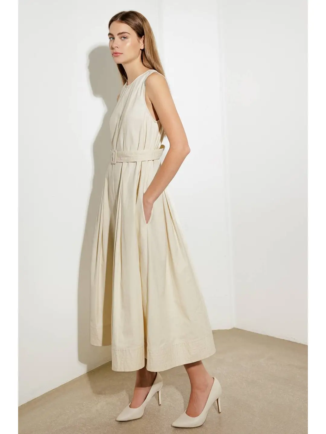 Solid Woven Midi Dress Ecru - Image 5