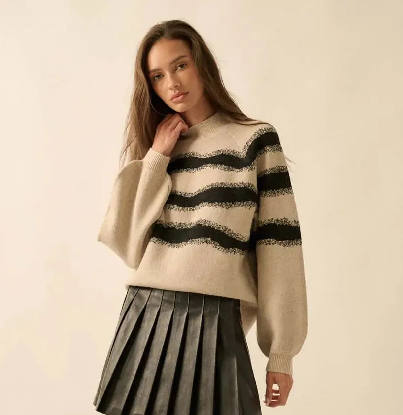 Striped Jacquard Bubble Sleeve Sweater