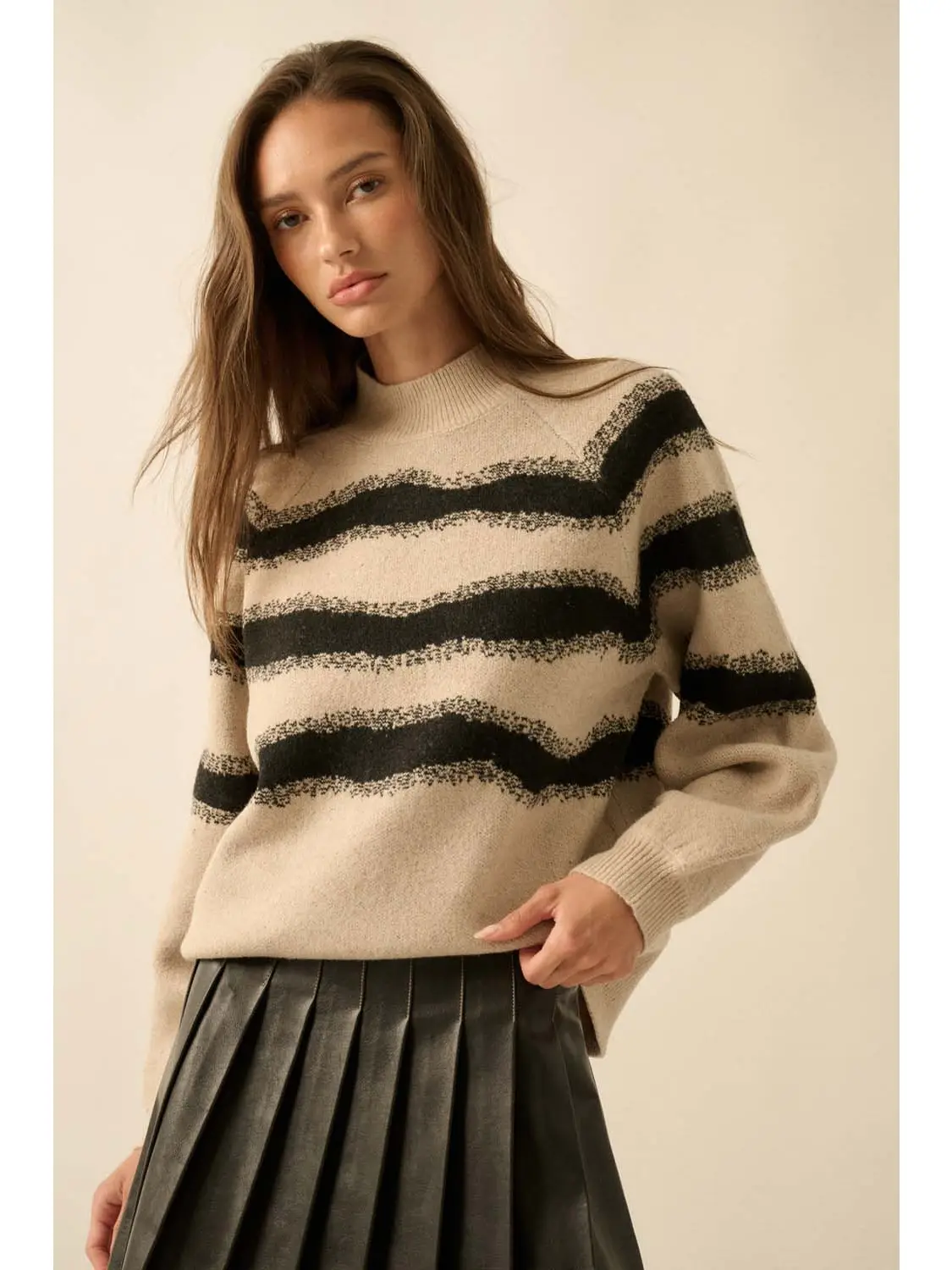 Striped Jacquard Bubble Sleeve Sweater - Image 2