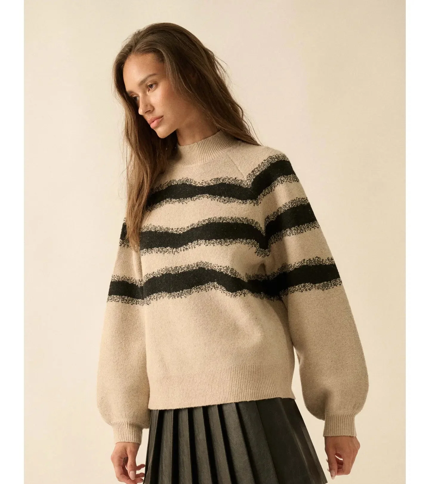 Striped Jacquard Bubble Sleeve Sweater - Image 3