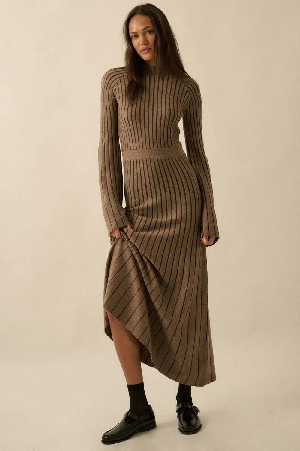 Striped Rib Knit Bell Sleeve Sweater Dress - Image 2