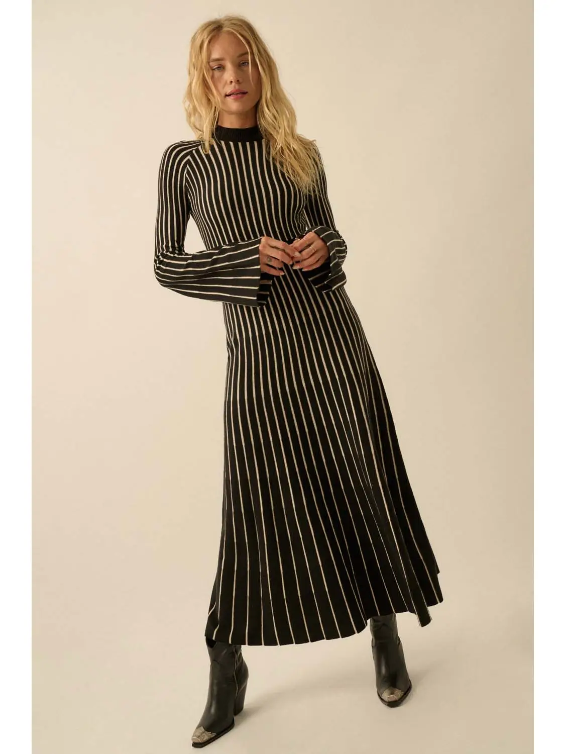 Striped Rib Knit Bell Sleeve Sweater Dress - Image 3