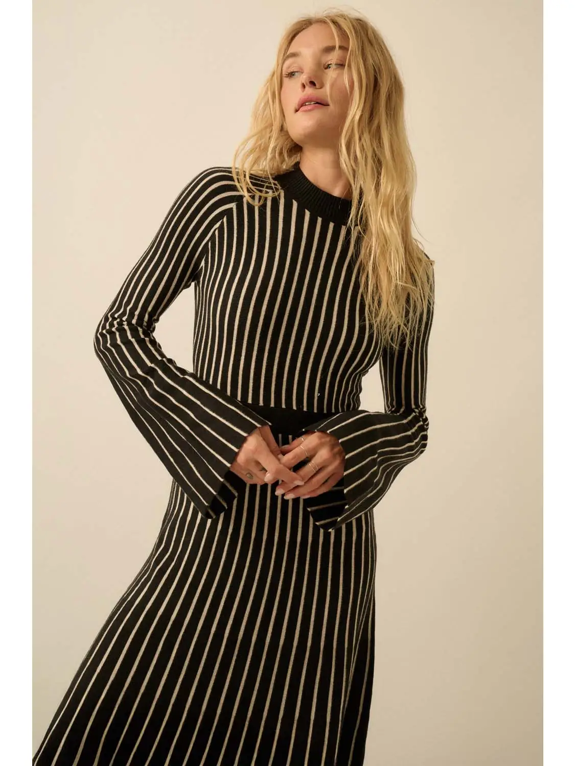 Striped Rib Knit Bell Sleeve Sweater Dress - Image 4