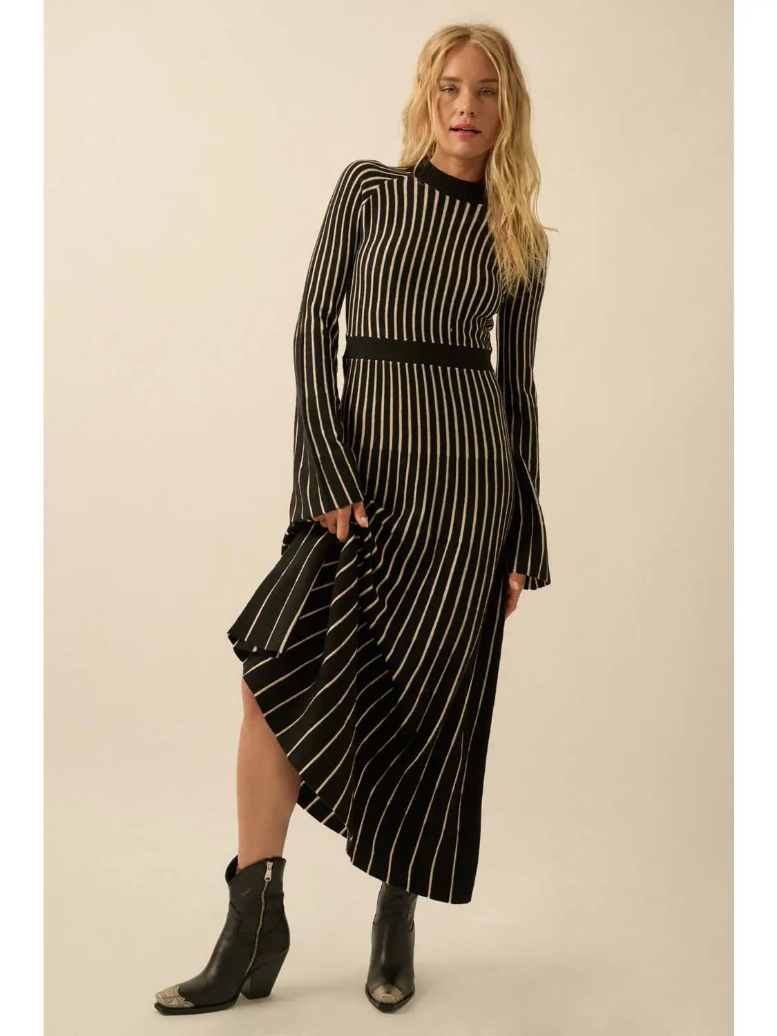 Striped Rib Knit Bell Sleeve Sweater Dress - Image 5