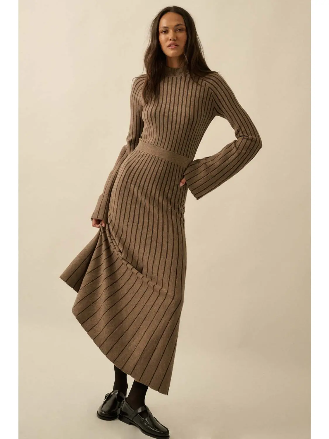Striped Rib Knit Bell Sleeve Sweater Dress - Image 6