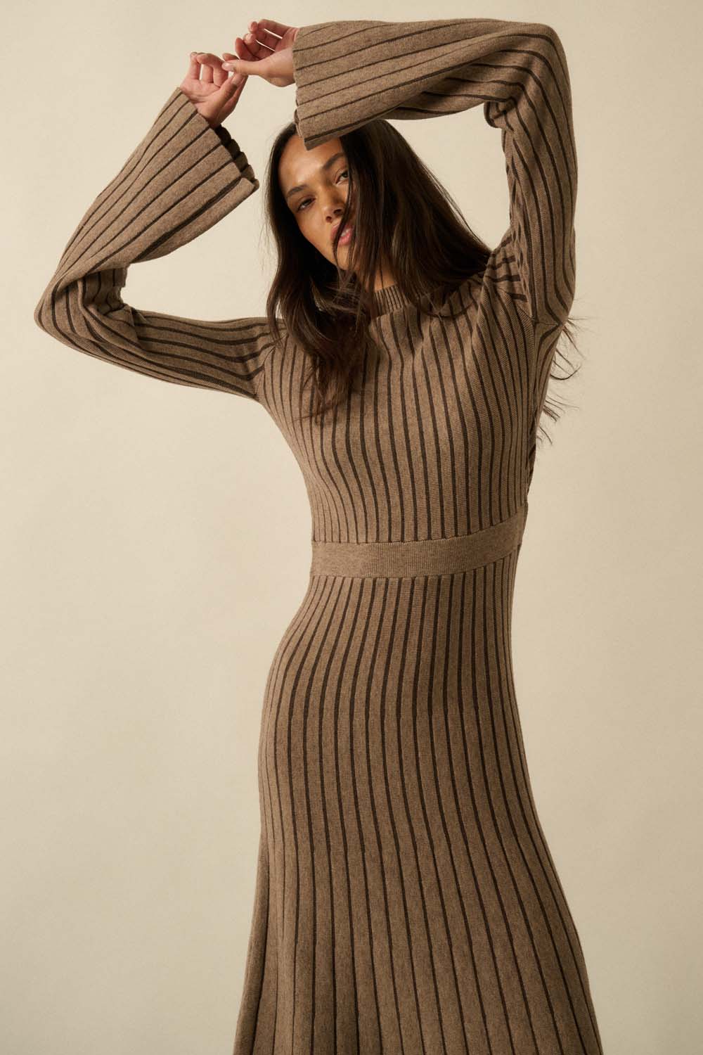 Striped Rib Knit Bell Sleeve Sweater Dress - Image 7