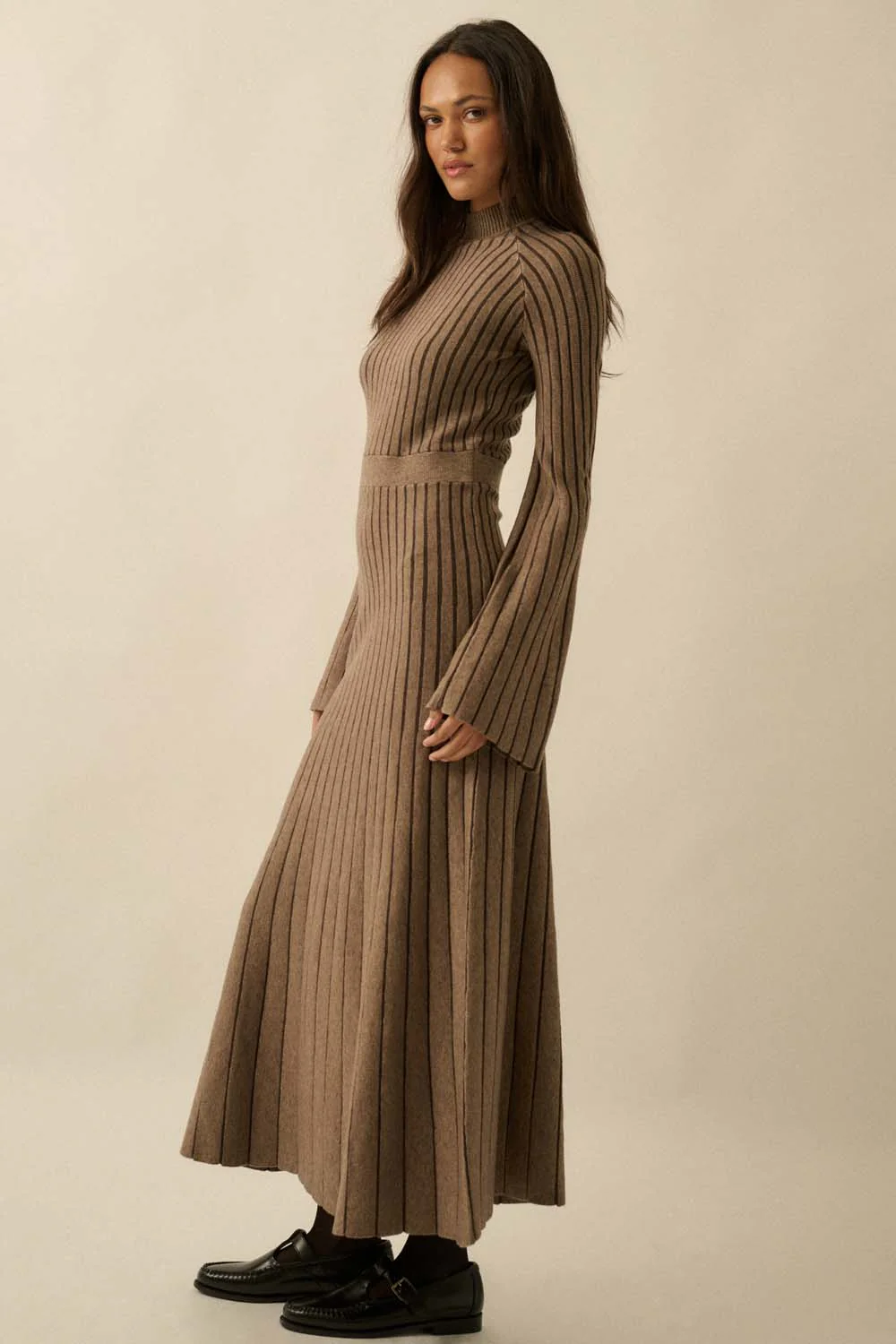Striped Rib Knit Bell Sleeve Sweater Dress - Image 8