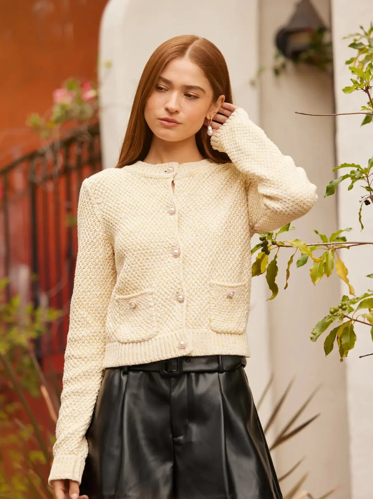 Sweater Knit Cardigan with Pearl Buttons