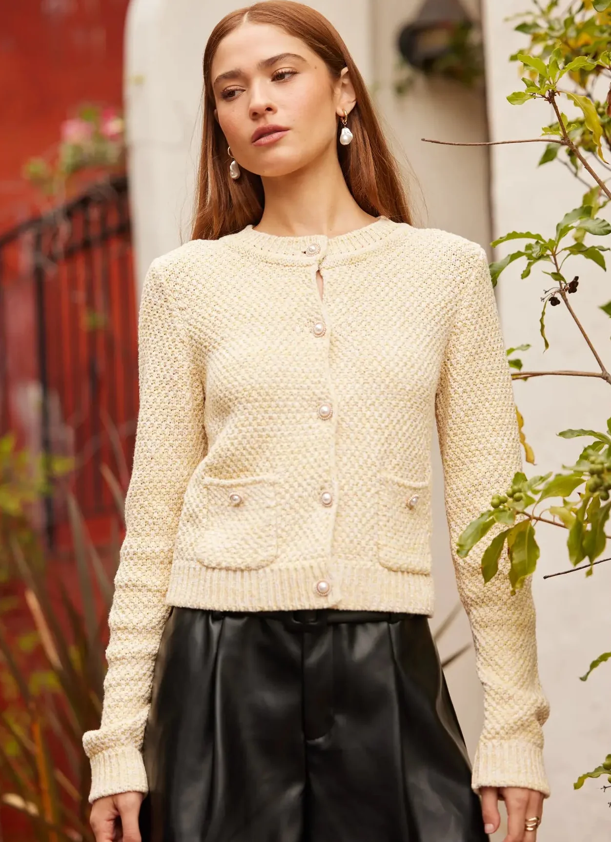 Sweater Knit Cardigan with Pearl Buttons - Image 2