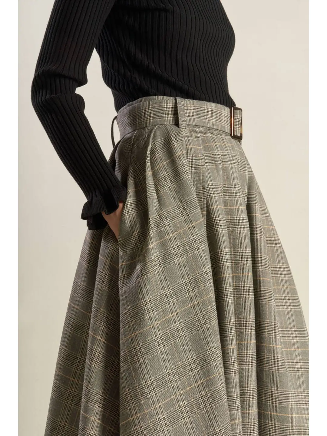 Woven Belted Plaid Skirt - Image 3